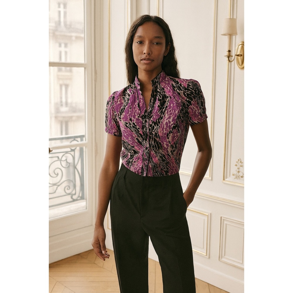 Purple Print Blouse Top Short Sleeve‎ Button Down Career